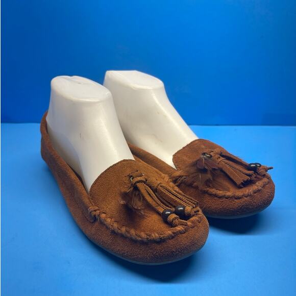 Women's Minnetonka Beaded Fringe Moccasins Brown Suede Leather size 8.5 - Picture 1 of 10